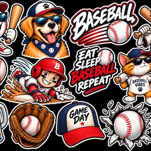 Könnte beinhalten: Eine Sammlung von Baseball-Aufklebern mit einem Cartoon-Baseball, einem Golden Retriever, einem Skelett, einer Katze, einem rutschenden Spieler, einem Bierkrug mit BASEBALL & BER, einem Handschuh, einer GAME DAY-Kappe und Text wie EAT SLEEP BASEBALL REPEAT.