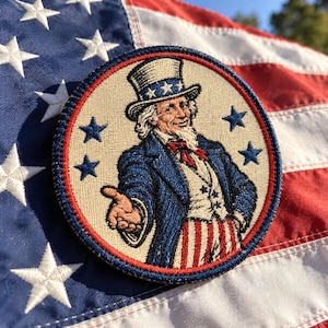 May include: A circular embroidered patch featuring an illustration of Uncle Sam wearing a top hat, blue coat, and red and white striped trousers. The design includes four blue stars on a cream background, all enclosed by a red and blue border.