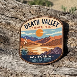 May include: A rectangular patch with rounded corners featuring a graphic illustration of Death Valley National Park. The design includes mountains, a desert landscape, a yucca plant, and a sun. Text reads: DEATH VALLEY NATIONAL PARK CALIFORNIA -282 FEET / -86 METERS BELOW SEA LEVEL.