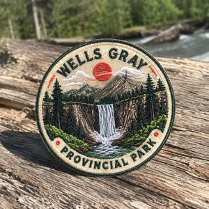 Può includere: Una toppa ricamata circolare che raffigura un paesaggio del Wells Gray Provincial Park. Il design include una cascata, alberi sempreverdi, montagne e un sole rosso su sfondo color crema. Il testo Wells Gray Provincial Park è ricamato in nero.