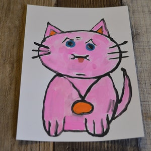 Pink Cat Hand Painted Acrylic Watercolor Notecard (1)