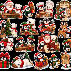 May include: A collection of Christmas-themed stickers featuring penguins and polar bears in various festive scenes, including Santa Claus, a workshop, gift wrapping, baking, decorating a tree, flying a plane, and a sign reading SANTA'S WORKSHOP.