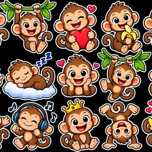 May include: A collection of fifteen cartoon monkey stickers featuring various expressions and poses. The brown monkeys are shown wearing sunglasses, a red cap, or a gold crown, holding bananas, hearts, or a sign that says Hello, and sleeping on a cloud.