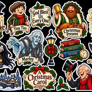 May include: A collection of A Christmas Carol stickers featuring Scrooge, Tiny Tim, Marley, the three spirits, a street lamp, a stack of books, and festive text including God Bless Us Every One, Christmas Past, Present, Future, and A Merrier Tomorrow.