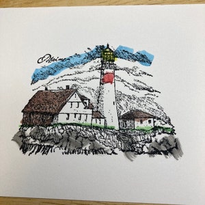Handgestempelde ansichtkaarten Oceaan strand vuurtoren scène aquarel hoogtepunten (5 in totaal)
