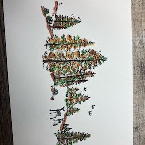 Handgestempelde ansichtkaarten Boslandschap met herfstkleuren en bladeren aquarel highlights (1 in totaal)