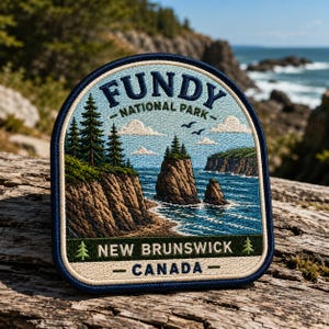 May include: A rectangular embroidered patch with rounded top corners featuring a landscape of Fundy National Park. The design shows cliffs, evergreen trees, sea stacks, and the ocean. Text reads Fundy National Park, New Brunswick, Canada.
