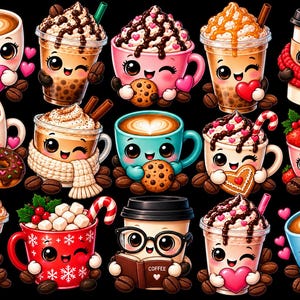 Puede incluir: Una colección de quince tazas de bebida estilo caricatura con caras, incluyendo tazas de café, bebidas heladas y lattes. Cada taza presenta detalles como lazos rosas, bufandas rojas, gafas, libros, galletas, corazones y nata montada.