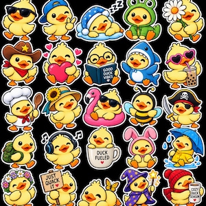 Puede incluir: Una colección de veinticinco pegatinas de patos de dibujos animados con varios temas, incluyendo un pato con sombrero de vaquero, un pato leyendo un libro GOOD DUCK VIBES, un pato en una taza DUCK FUELED y un pato con un cartel que dice JUST QUACK IT.
