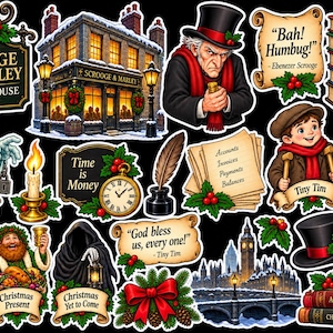 Może przedstawiać: Kolekcja naklejek z motywem Opowieści wigilijnej, przedstawiająca Ebenezera Scrooge'a, Tiny Tima, kantor, Marleya, duchy, stosy książek z napisami Ledgers, Accounts, Invoices, Expenses, Profits, worek na pieniądze oraz cytaty takie jak Bah Humbug.