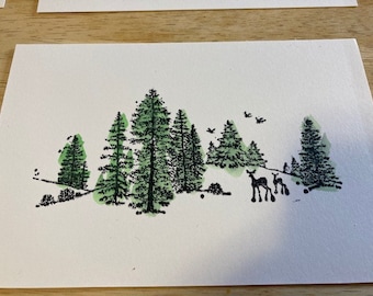 Hand-Stamped Postcards Forest Scene With Green Watercolor Highlights (5 Total)