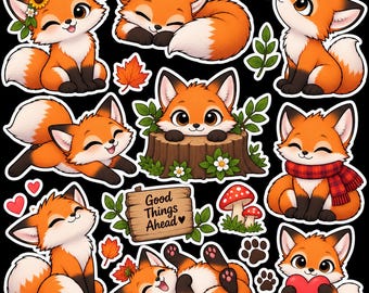 Autocollants renard mignon, renard de dessin animé adorable (PNG), clipart numérique d'animaux de la forêt, images d'autocollants de renard mignon des bois