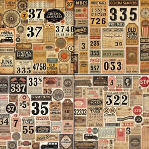 Vintage Ephemera Collage Blätter | Retro Junk Journal Printables | Aged Tickets, Kalender, Zahlen, Etiketten für Scrapbooking. 35 Seiten