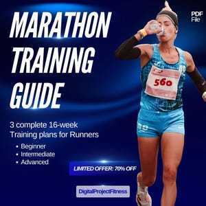 Può includere: Annuncio digitale per una guida all'allenamento per la maratona. L'immagine mostra una corridora che beve acqua, con testo: "MARATHON TRAINING GUIDE" e "3 piani di allenamento completi di 16 settimane per corridori". Include piani "Principiante", "Intermedio" e "Avanzato".