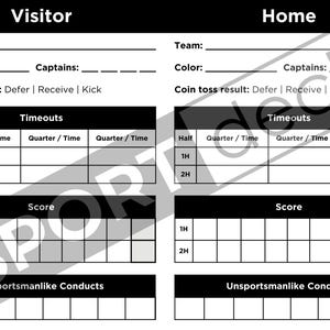 May include: A black and white score sheet for a game with sections for visitor and home teams. The sheet includes sections for team name, color, captains, coin toss result, timeouts, score, and unsportsmanlike conducts.