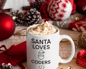Santa Loves Coders Mug, Programmer Christmas Gift, Funny Developer Cup