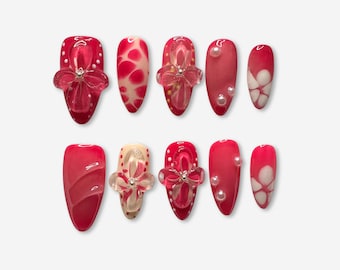 Luxury Press On Nails UK – Pink Blossom amandelgelnagels | Herbruikbare handgeschilderde kunstnagels | Zachtroze aangepaste lijm: