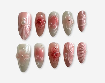 Luxury Press On Nails UK – Pink Perfection Amandelgelnagels | Herbruikbare handgeschilderde kunstnagels | Zachtroze aangepaste lijm: