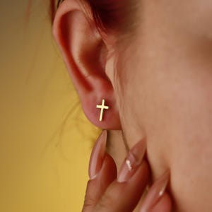 Dainty 14K Gold Cross Stud Earrings: Sterling Silver, Non Tarnish