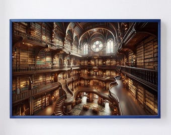The Infinite Library | Printable Art | AI artwork of a library in the style of an oil painting