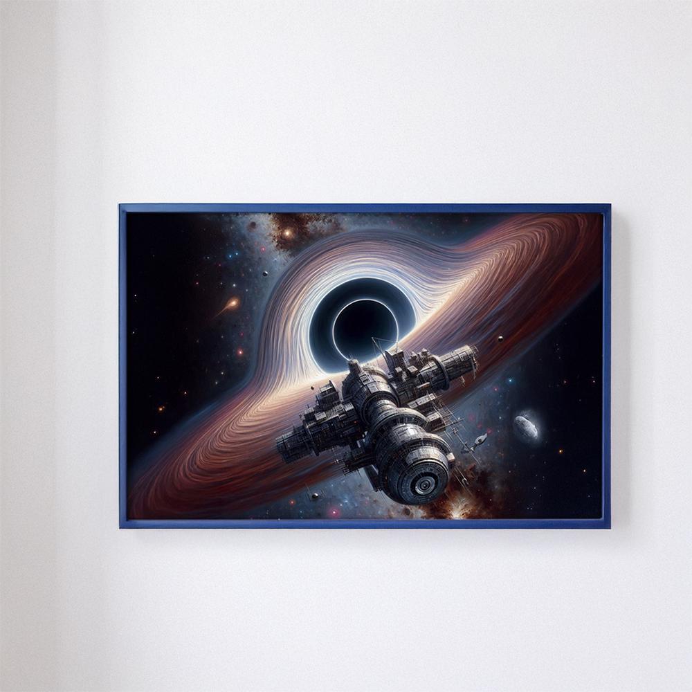 Futuristic space station in front of black hole | printable art | AI artwork of a lost place in photorealistic style