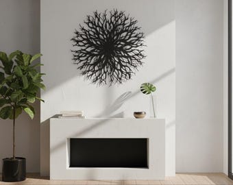 Decoración de pared metálica redonda abstracta para chimenea, arte mural grande y moderno con forma de árbol de la vida, decoración de metal para sala de estar, escultura de pared minimalista.