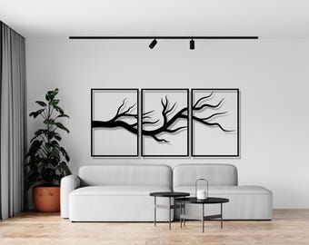 Arte mural metálico de ramas de árbol – Decoración de pared metálica de 3 paneles – Arte metálico grande – Colgante de pared moderno con naturaleza – Decoración para sala de estar, dormitorio y hogar