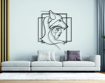 Metalen wanddecoratie wolf en vrouw - mystieke dierenfiguur - moderne metaalkunst - moderne lijnkunst met figuren wolf en vrouw