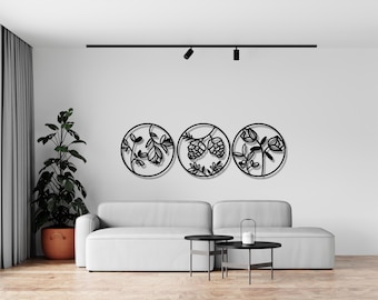 3 Piece Floral Metal Wall Art Set | Botanical Metal Wall Decor | Round Steel Wall Hanging | Modern Flower Art | Nature Inspired Home Decor