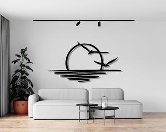 Decoración de pared de metal con sol y pájaros - Arte moderno de metal con temática playera - Decoración rústica para el hogar - Regalo para amantes de la naturaleza y el mar