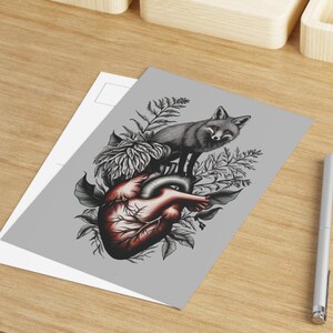 Cartes postales d'art mystiques avec cœur animal, art mural fantaisiste, cadeaux pour amoureux de la nature, papeterie unique, décoration gothique, renard écologique sur cœur