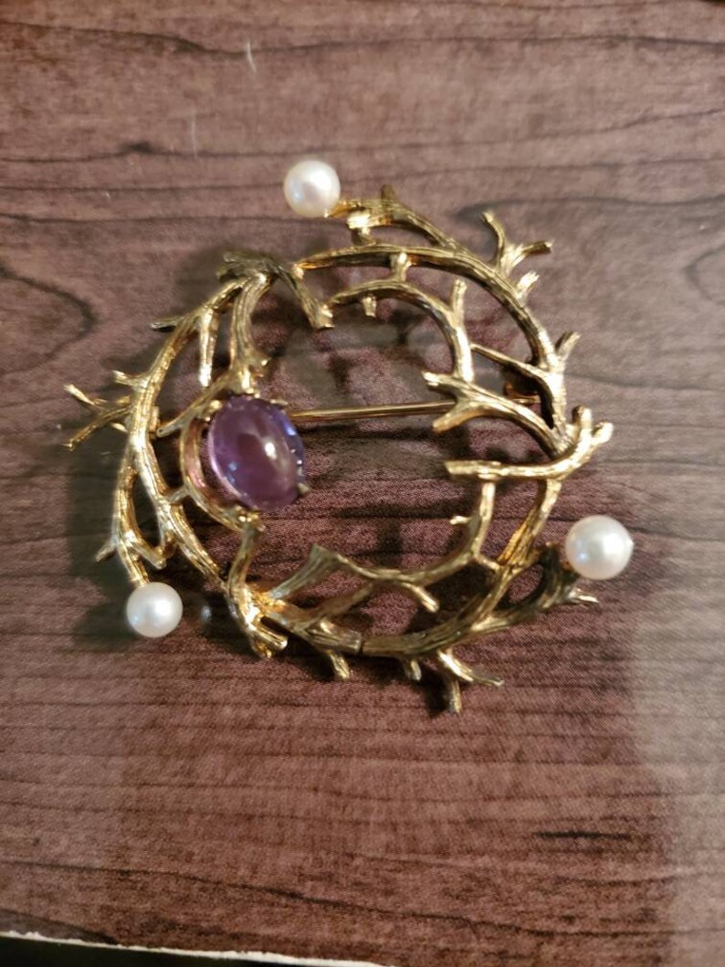 Amethyst Brooch pin signed Sterling Vintage Sterling Pearls