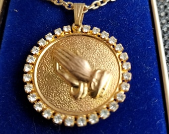 COLLIER vintage Regale GEMS 14 Kt. H. G. E. en coffret mains en prière