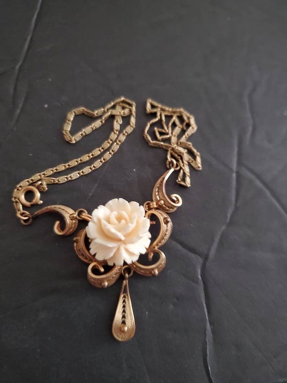 Vintage Flower Bone Necklace 120/ 12k gold filled - image 1