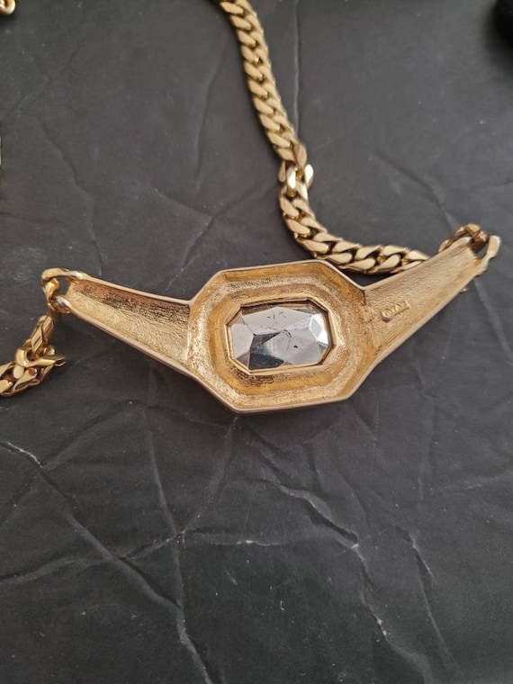 Vintage signed TAT necklace Enamel rhinestone Gol… - image 2