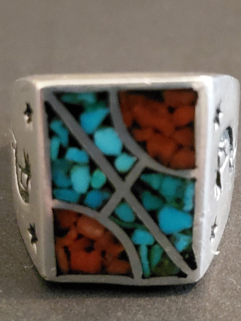 Vintage American Indian TURQUOISE Coral sterling Ring