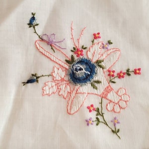 Vintage Blue flowers in  Pink basket Embroided Flower handkerchief Vintage  hanky never used