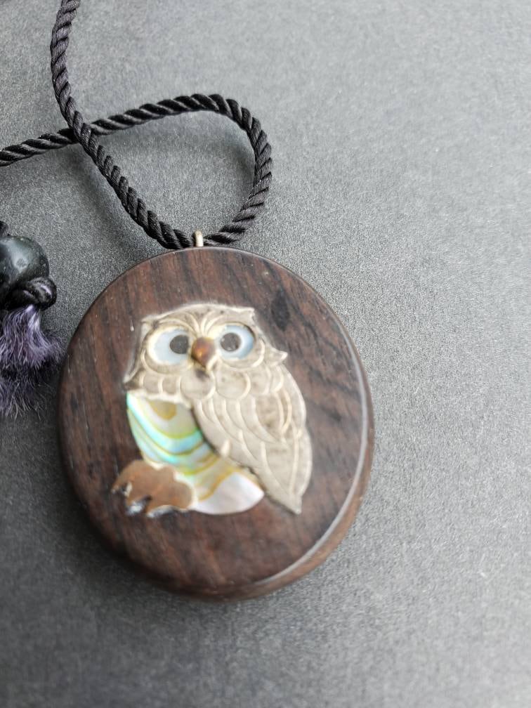 Real Cute Wooden Sliver Owl Signed JAY c necklace