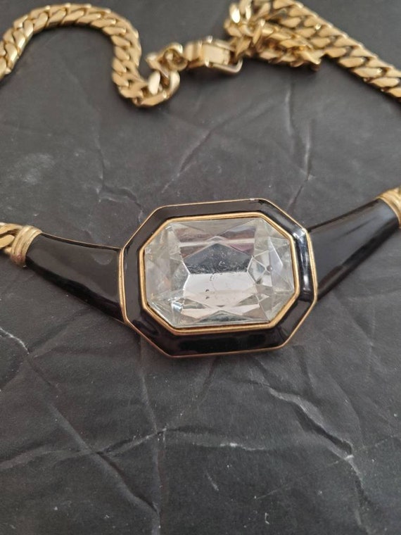 Vintage signed TAT necklace Enamel rhinestone Gold
