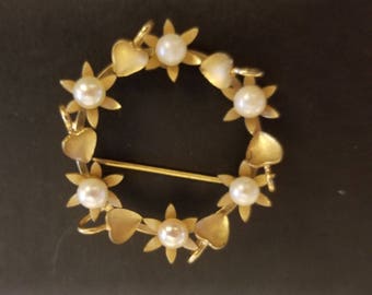 Vintage wells gold filled genuine cultured pearl brooch / pin