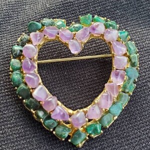 Vintage Heart Pin Amethyst stones Jade stones