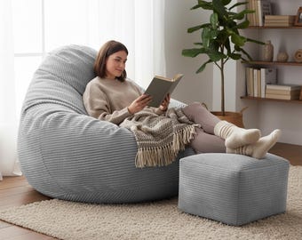 DREAMROOTS Corduroy Bean Bag Chair with Footstool – Cozy Sofa Seat for Adults Teens & Kids – 90x90x100 cm