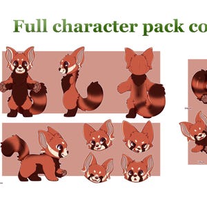 May include: A digital art commission sheet featuring a red panda character in various poses. The sheet includes full body illustrations and a scene illustration. Text reads "Full character pack commission => reference sheet - 3 fullbodies - illustration scene."