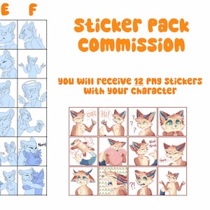 Könnte beinhalten: Ein digitales Sticker-Pack-Auftragsblatt mit einem Raster aus 36 blau skizzierten anthropomorphen Tierfiguren in verschiedenen Posen und mit unterschiedlichen Ausdrücken, ergänzt durch 12 farbige Beispiele und den Text Sticker pack commission.
