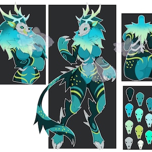 May include: Digital art illustration of a teal and black fantasy creature with a deer-like skull mask, antlers, and a long tail. The creature has teal fur, yellow accents, and a detailed design. Additional variations of the skull mask are shown.