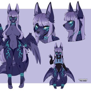 May include: Digital artwork featuring a stylized anthropomorphic wolf-like character with dark blue fur, light purple hair, and teal lightning bolt patterns. The character has large ears, wings, and is depicted in multiple poses against a light purple background.