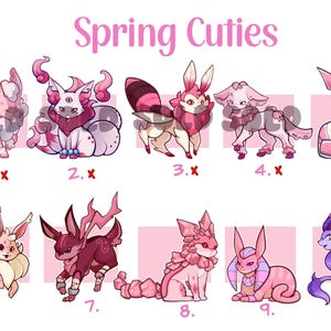 May include: A digital illustration titled Spring Cuties featuring ten distinct creature designs in shades of pink and purple. Each character is numbered one through ten, showcasing various fantasy animal traits, including wings, crystals, and tails.