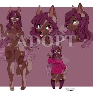 May include: Digital art of a canine-like character with brown and white fur, and long, wavy, dark pink hair. The character is depicted in multiple poses, including a full body, headshot, and a smaller version wearing a pink dress. The word "ADOPT" is overlaid.