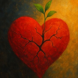 Op de afbeelding: Een rood hart met scheuren, een kleine groene plant groeit uit het midden, en de tekst "The Child I Was, The Parent I Became" boven het hart. De naam van de kunstenaar, "Ihor Zvarych", staat onder het hart.