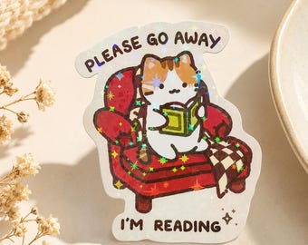 Holographic Cat Reading Sticker, Introvert Book Lover Decal